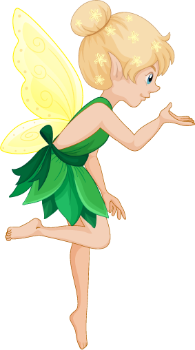 Dibujo de hada con alas amarillas y vestido verde, símbolo de la fantasía que caracteriza al restaurante temático El Bosque Encantado en Almería